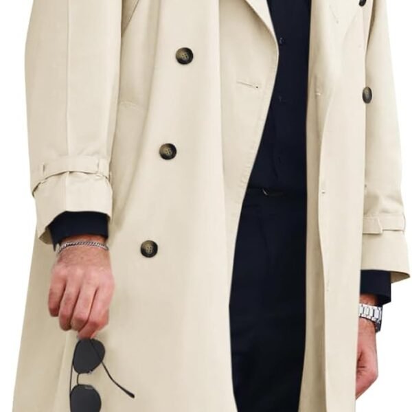 Men's Trench Coat Double Breasted Long Jacket Casual Windbreaker Notched Lapel Belted Overcoat