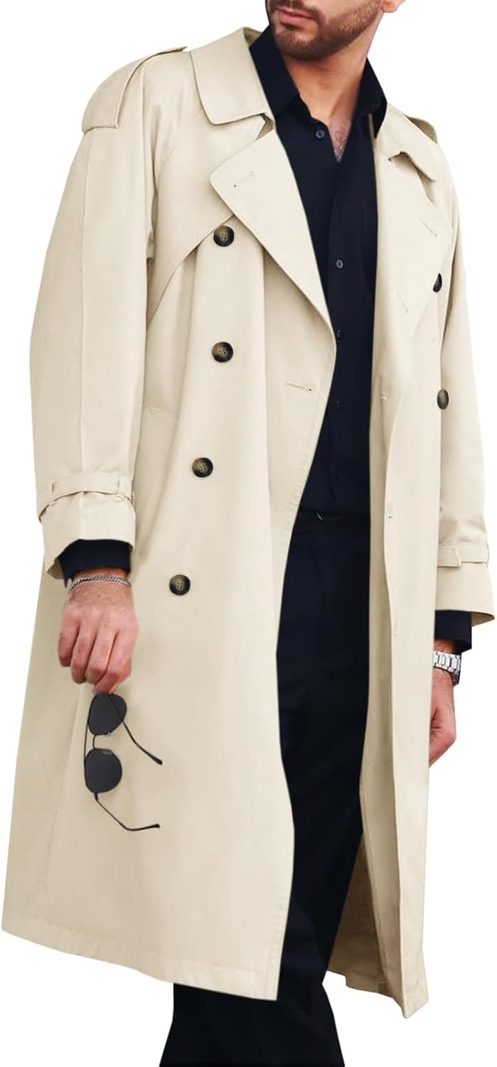 Men's Trench Coat Double Breasted Long Jacket Casual Windbreaker Notched Lapel Belted Overcoat