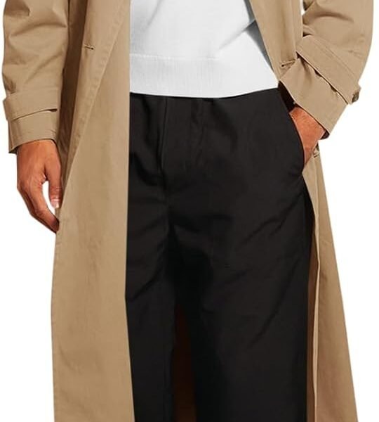 Men's Trench Coat Double Breasted Belted Windbreaker Jackets Lapel Lightweight Long Jacket Casual Overcoat
