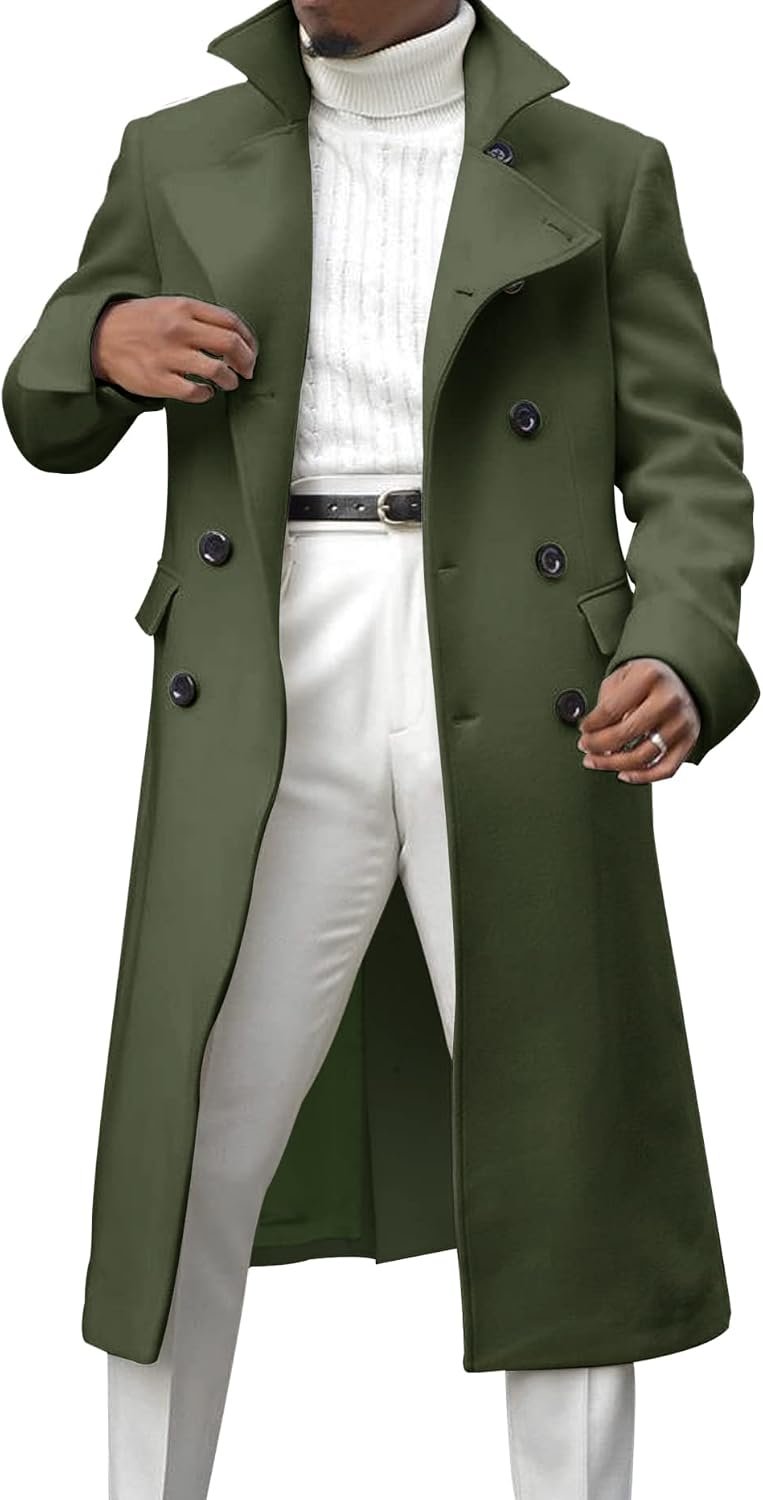 Men's Notch Lapel Double Breasted Long Trench Coat Casual Cotton Blend Peacoat - Image 2