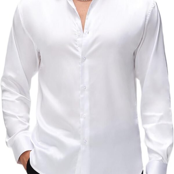 Mens Luxury Satin Dress Shirt Long Sleeve Silk Shiny Sateen Party Shirt