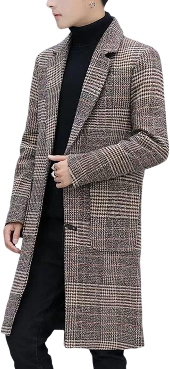 Men's Wool Blend Pea Coat Notched Collar Single Breasted Overcoat Warm Winter Trench Coat