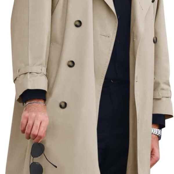 Men's Trench Coat Double Breasted Long Jacket Casual Windbreaker Notched Lapel Belted Overcoat