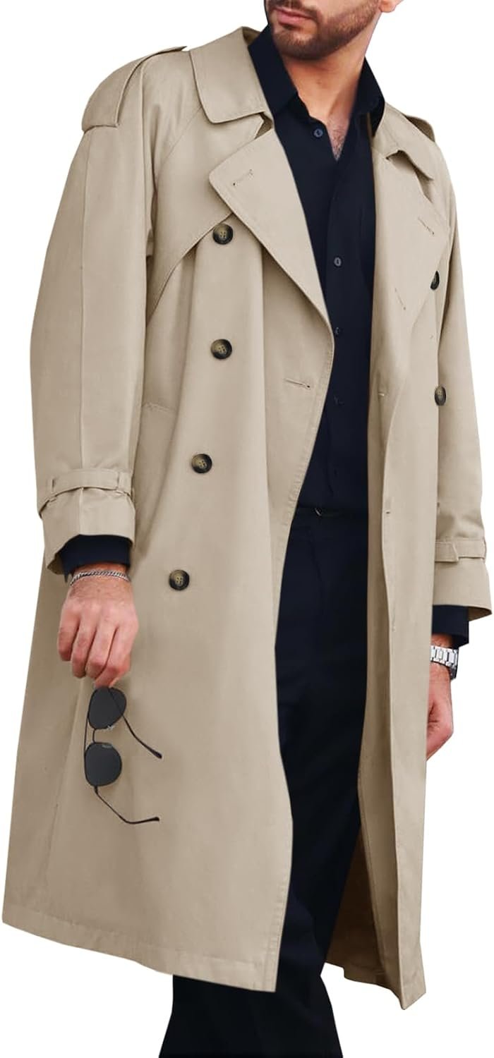 Men's Trench Coat Double Breasted Long Jacket Casual Windbreaker Notched Lapel Belted Overcoat