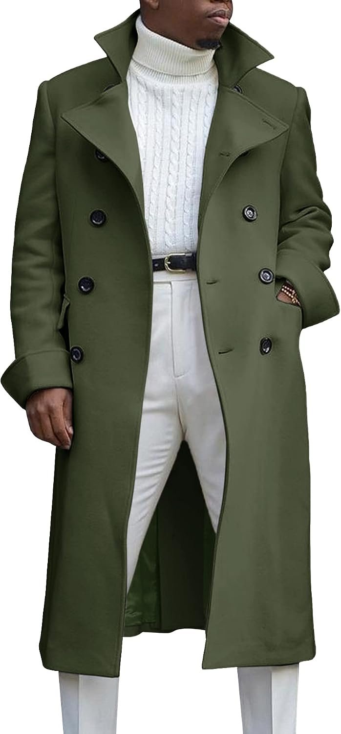 Men's Notch Lapel Double Breasted Long Trench Coat Casual Cotton Blend Peacoat