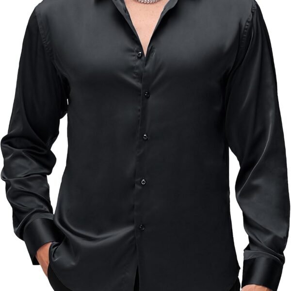 Mens Luxury Satin Dress Shirt Long Sleeve Silk Shiny Sateen Party Shirt