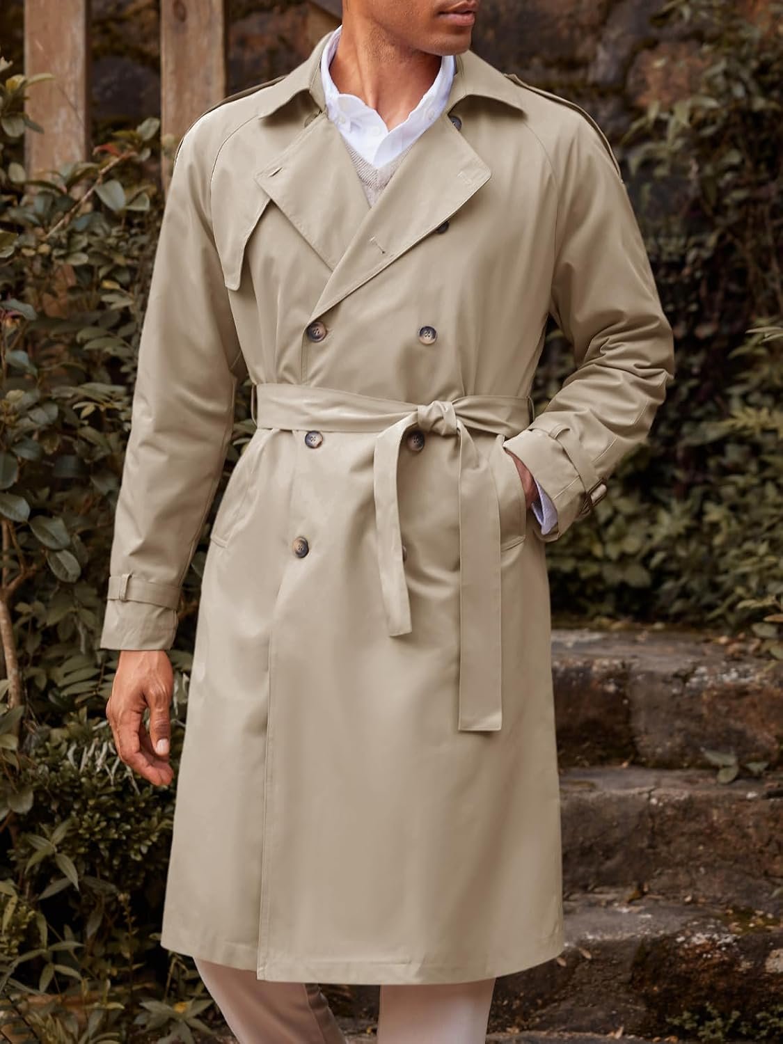 Men's Trench Coat Double Breasted Long Jacket Casual Windbreaker Notched Lapel Belted Overcoat - Image 2