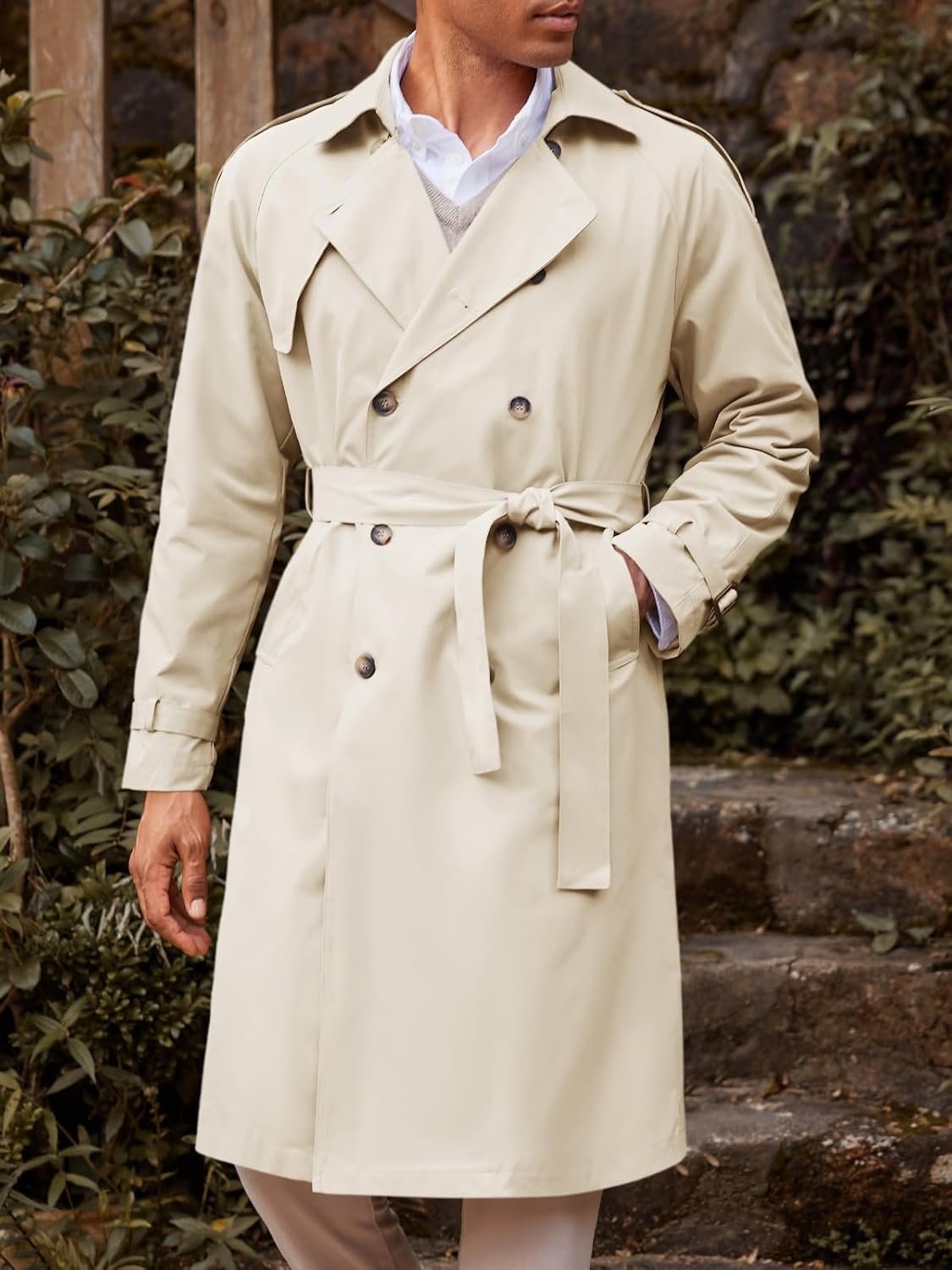 Men's Trench Coat Double Breasted Long Jacket Casual Windbreaker Notched Lapel Belted Overcoat - Image 2