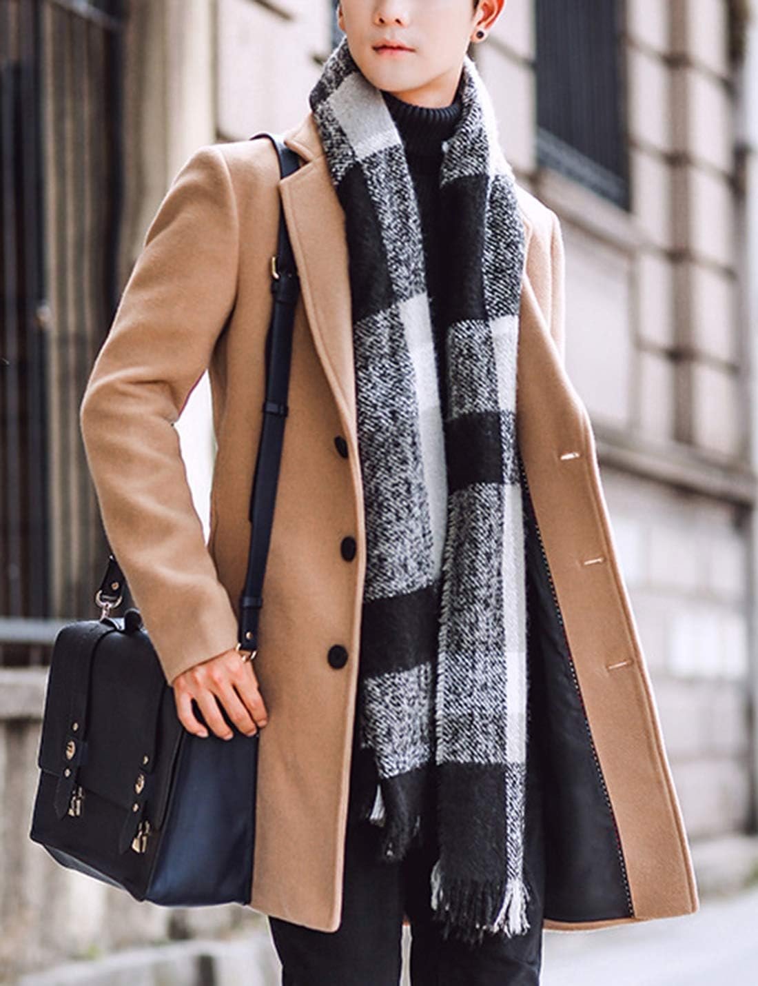 Men's Wool Blend Pea Coat Notched Collar Single Breasted Overcoat Warm Winter Trench Coat - Image 2