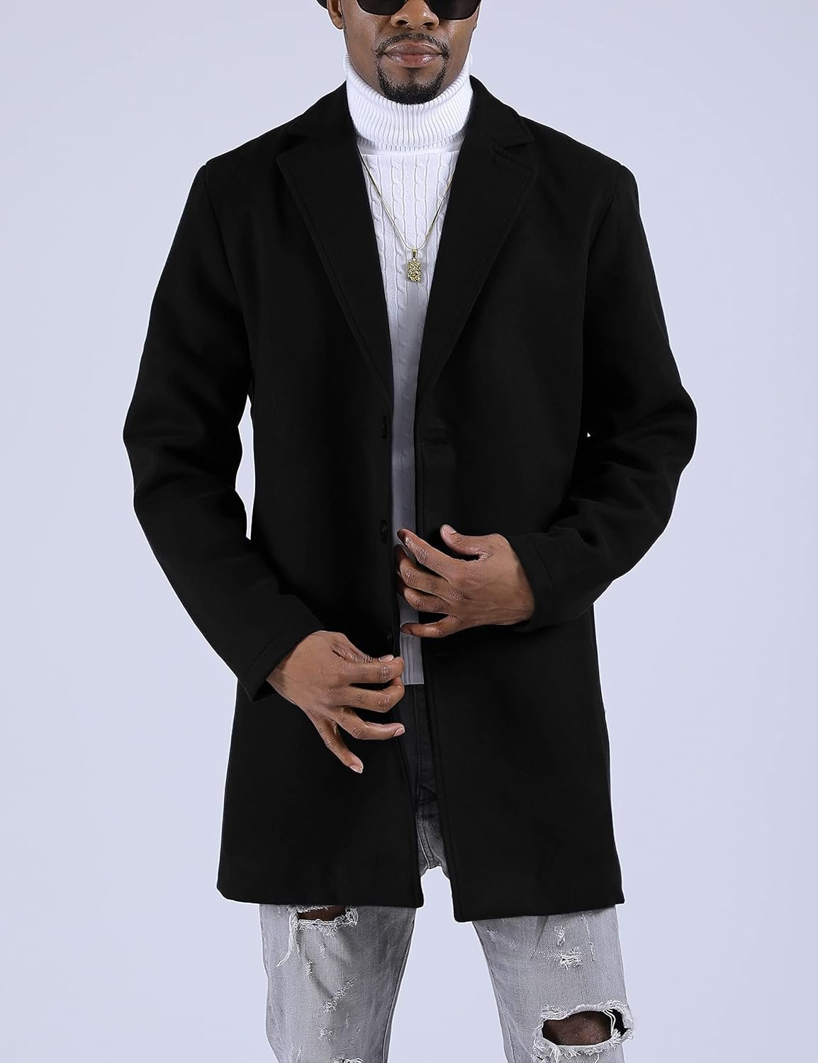 Men's Wool Blend Pea Coat Notched Collar Single Breasted Overcoat Warm Winter Trench Coat - Image 2