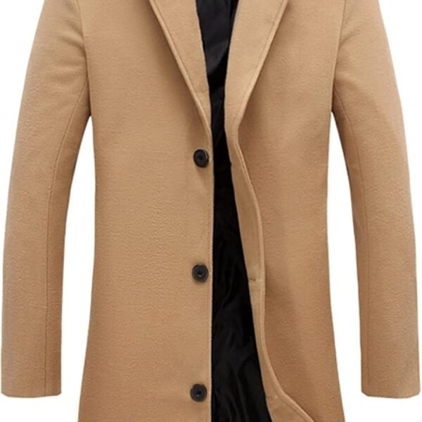 Men's Wool Blend Pea Coat Notched Collar Single Breasted Overcoat Warm Winter Trench Coat