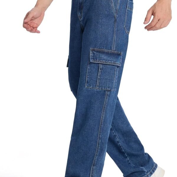 Men's Relaxed Fit Cargo Jeans Elastic Waist 6 Pockets Straight Leg Work Utility Pants