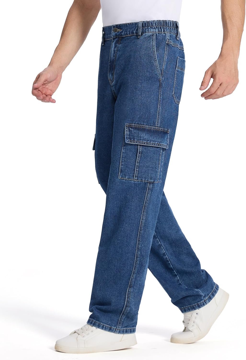 Men's Relaxed Fit Cargo Jeans Elastic Waist 6 Pockets Straight Leg Work Utility Pants
