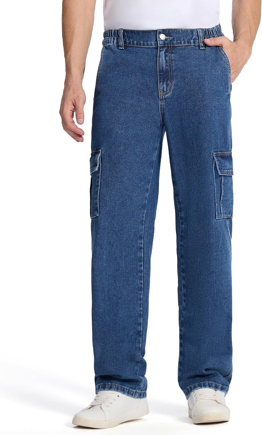 Men's Relaxed Fit Cargo Jeans Elastic Waist 6 Pockets Straight Leg Work Utility Pants - Image 2